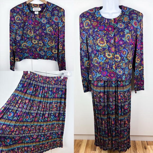 Vintage Dresses & Skirts - Talbots Vintage 90s Floral Pleated Midi Skirt Button Front Blazer Jacket Top Set